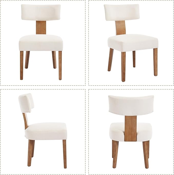 KHISCHMO Mid Century Modern Dining Chairs, Upholstered Linen Fabric Chairs with Curved Backrest and Wood Legs, Comfy Kitchen Vanity Chair for Dining Room/Living Room/Kitchen, Set of 4 Beige