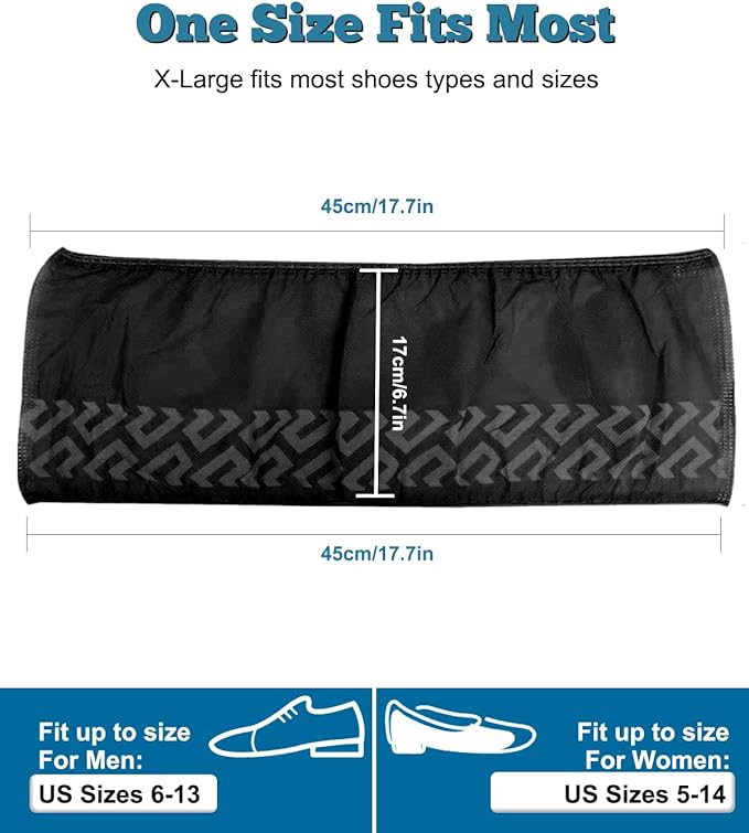X-Large 50 Pack Breathable Shoe Covers Disposable for Indoors - Reusable Non-Slip Black Non-Woven Fabric Shoe Booties disposable, Fits Up to Men’s Size 13, Doubles as Travel Shoe Bags
