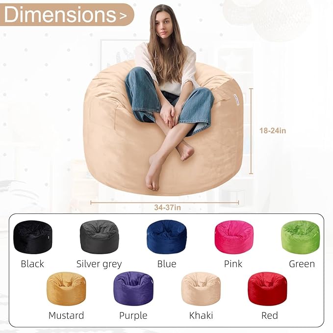 HABUTWAY Bean Bag Chair 3Ft Luxurious Velvet Ultra Soft Fur with High Rebound Memory Foam Bean Bag Chairs for Adults Plush Lazy Sofa with Fluffy Sponge 3' (Khaki)