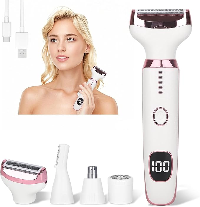 Electric Razor for Women Men,4 in 1 Painless Ladies Wet & Dry Body Razors and Facial Hair Remover,Rechargeable Led Display Hair Removal Kit for Nose Face Body Leg Bikini Arm Hair