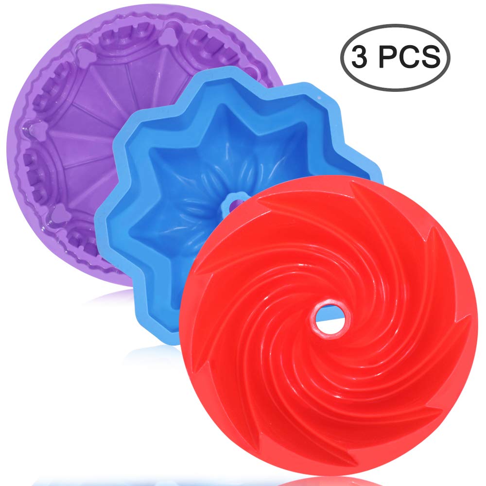 AIFUDA 3 Pcs Silicone Cake Bread Baking Molds - Large Swirl, Castle, and Double Flower Shapes for Birthday Party DIY