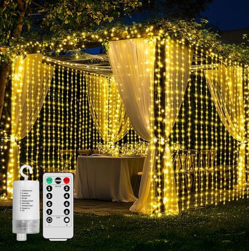 Ryblgled Battery Operated Curtain Lights 300 LED - 10ftx10ft Warm White Battery Power Fairy Curtain String Lights with Rem...