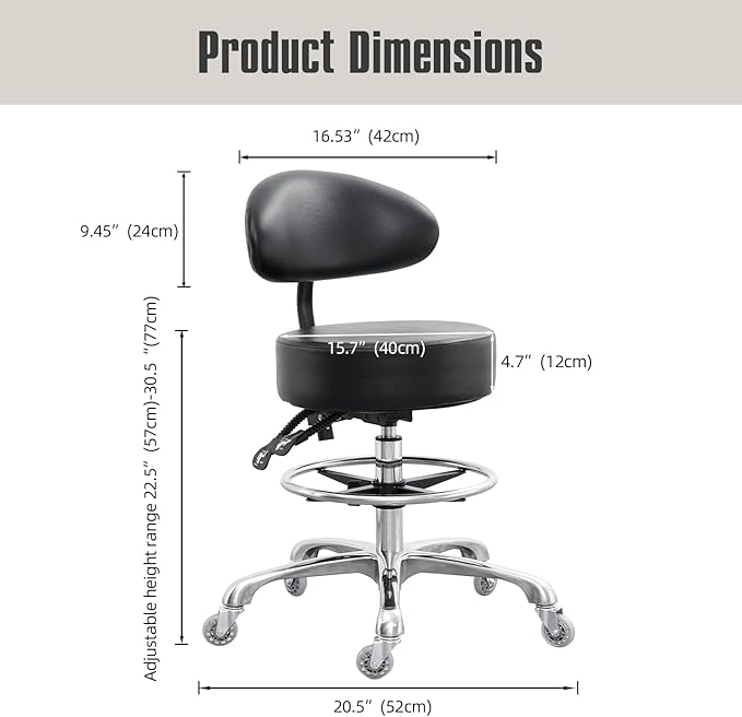 Grace&Grace Drafting Chair Big Cushion Rolling Stool with Back, Tall Shop StoolRolling Chair with Footrest for Studio, Workshop, Classroom, Lab, Counter, Home Office (Black)
