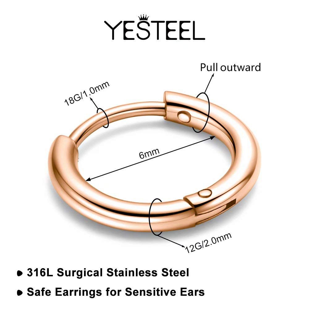 6MM Surgical Steel Hoop Earrings, Rose Gold Huggie Hoop Earrings for Men Women 18G, Small Cartilage Piercing Sleeper Earring for