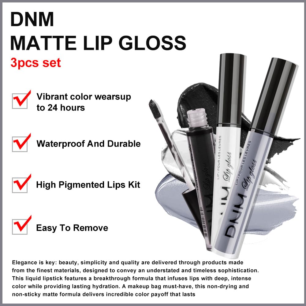 evpct 3Pcs Dark Black Grey Gray White Matte Liquid Lipstick Lip Stain Sets for Women Matte+Lipstick Long Lasting Permanent 24 hr Hours Magic Lipstick 24 Hours original Waterproof 16#