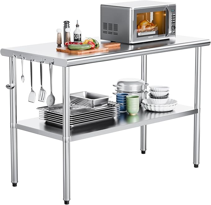 ROVSUN 48'' x 24'' Stainless Steel Table for Prep & Work,Commercial Worktables & Workstations, NSF Heavy Duty Metal Table with Adjustable UnderShelf for Kitchen, Restaurant, Home, Hotel, Outdoor