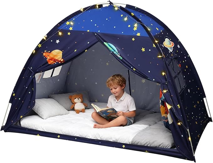 Twin Bed Tent Canopy, Space Indoor Blackout Privacy Toddler Bed Tent for Kids with Light, Portable Sleeping Floor Kids Pla...