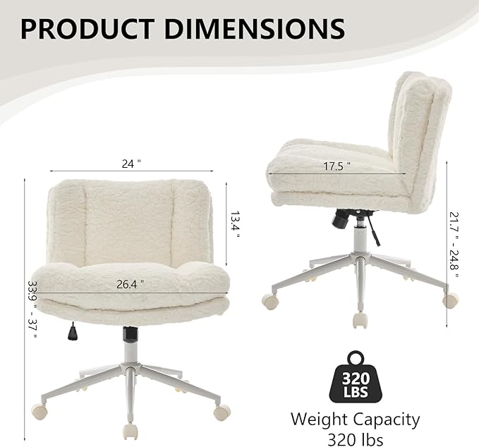Cross Legged Office Chair with Wheels, Comfy Armless Office Chair with Extra-Deep Seat & 2-Layer Cushions, Adjustable Height, Tilt-Back Swivel Faux Fur Vanity Chair for Home Office, Cream