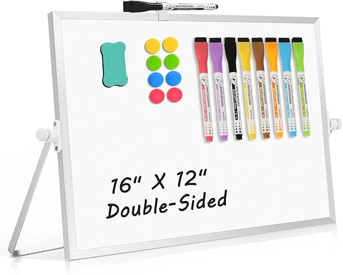 AMUSIGHT Dry Erase Magnetic White Board, 16" x 12" Double-Sided Desktop Whiteboard with Stand, Portable Small Whiteboard S...