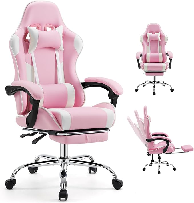 DUMOS Ergonomic Gaming Office Desk Chair with Footrest and Headrest for Adults, PU Leather Video Computer Chair with Linka...
