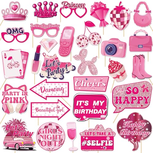 30Pcs Pink Girl Birthday Photo Booth Props with Sticks,Hot Pink Girls Birthday Party Decoration Supplies for Girls Women D...