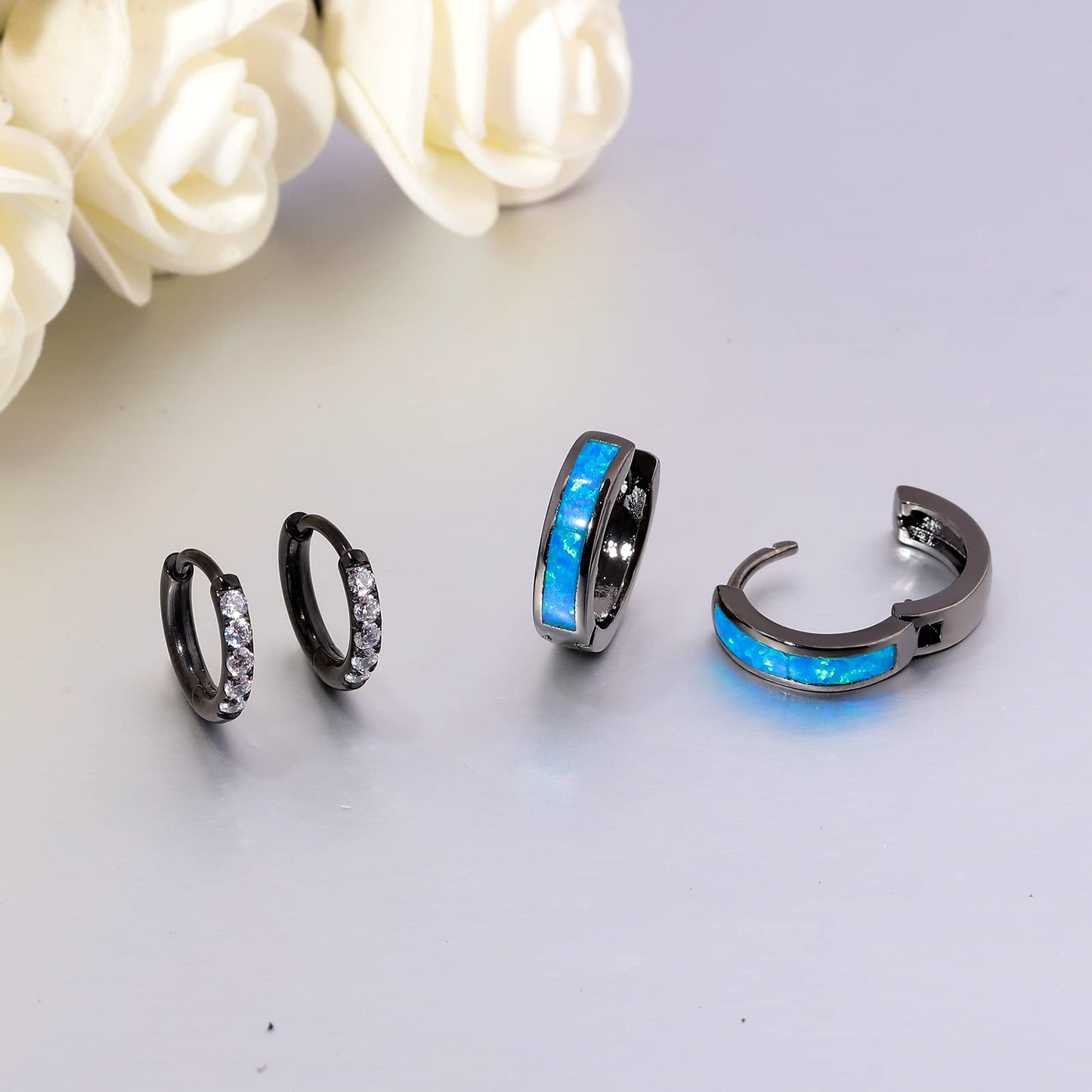 CiNily 2 Pairs Small Hoop Earrings Set Hypoallergenic Black Gold Plated Blue Opal Hoops Surgical Stainless Steel Cubic Zirconia