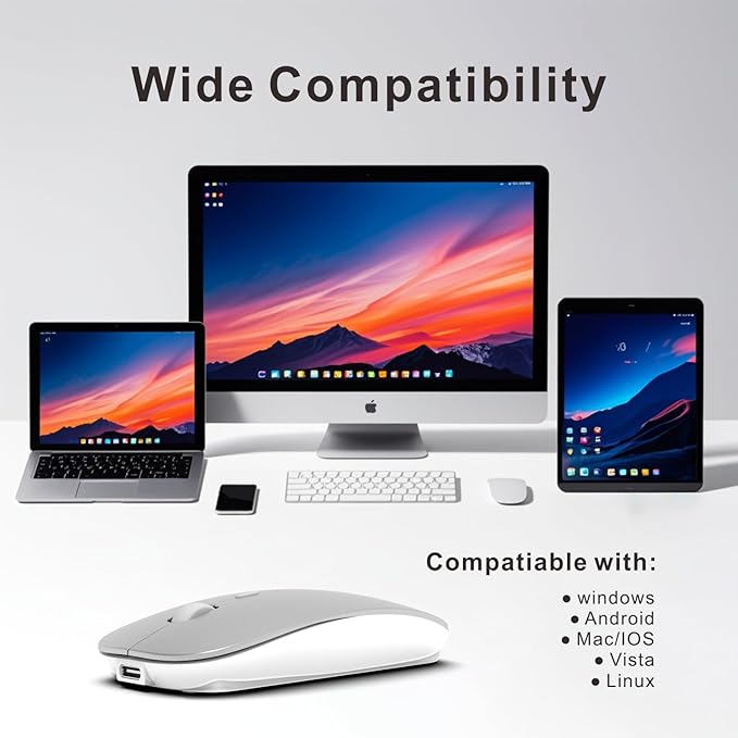 HOTDREAM Bluetooth Rechargeable Mouse for iPad Air/iPad Pro/Laptop/Tablet/iPhone/PC, (Not for Mac,MacBook) Silver