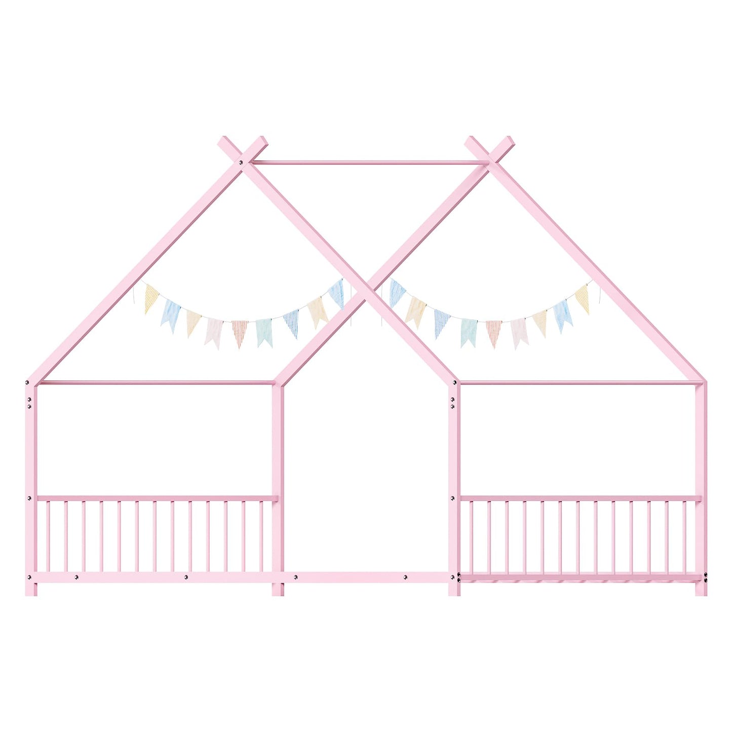 Ynredee Twin Wood House Bed,Floor Bed with Wood Slats,Metal Canopy Frame,Platform Bed with Headboard & Footboard for Boys Girls Teens,No Box Spring Needed (Pink)