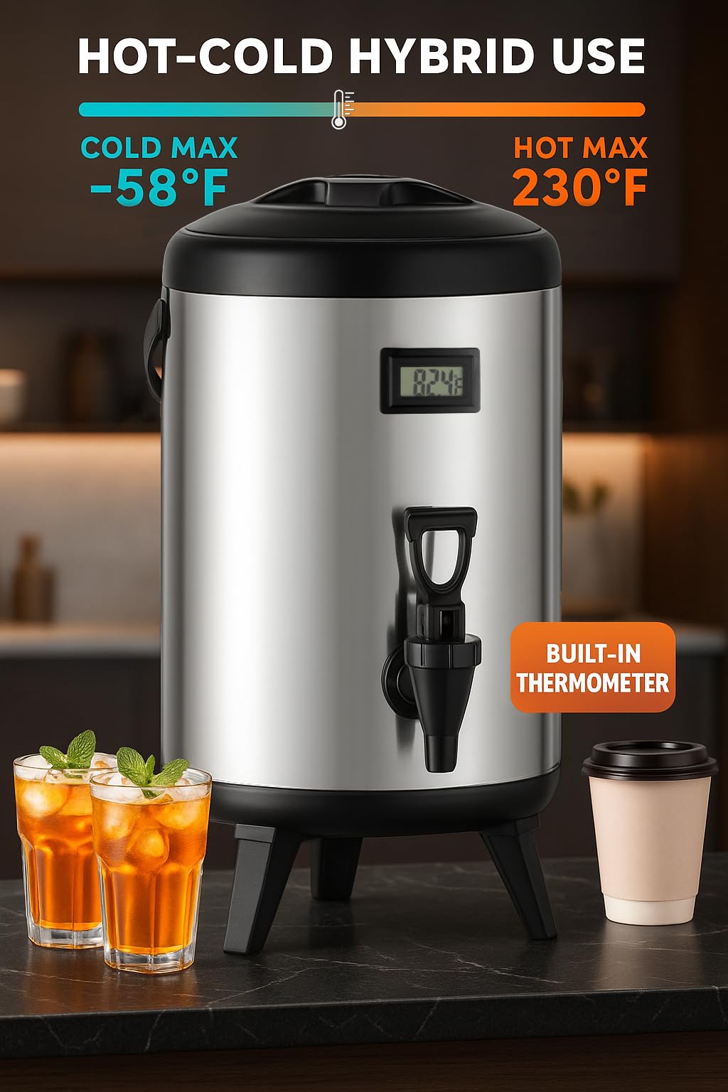 THXSUN 3.2 Gallon Insulated Beverage Dispenser, 12L Thermal Coffee and Drink Server with Spigot, Non-Electric Hot & Cold Drink Container for Juice, Tea, Milk, or Chocolate