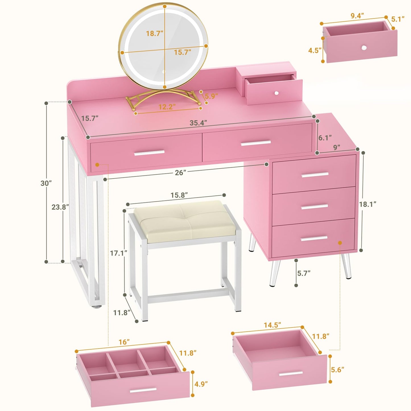 Pink Vanity Desk with Mirror and Lights, Modern Makeup Vanity Table Set with 6 Storage Drawers and Cushioned Stool for Bedroom, Dressing Table with Divided Organizers for Women Girls, Pink