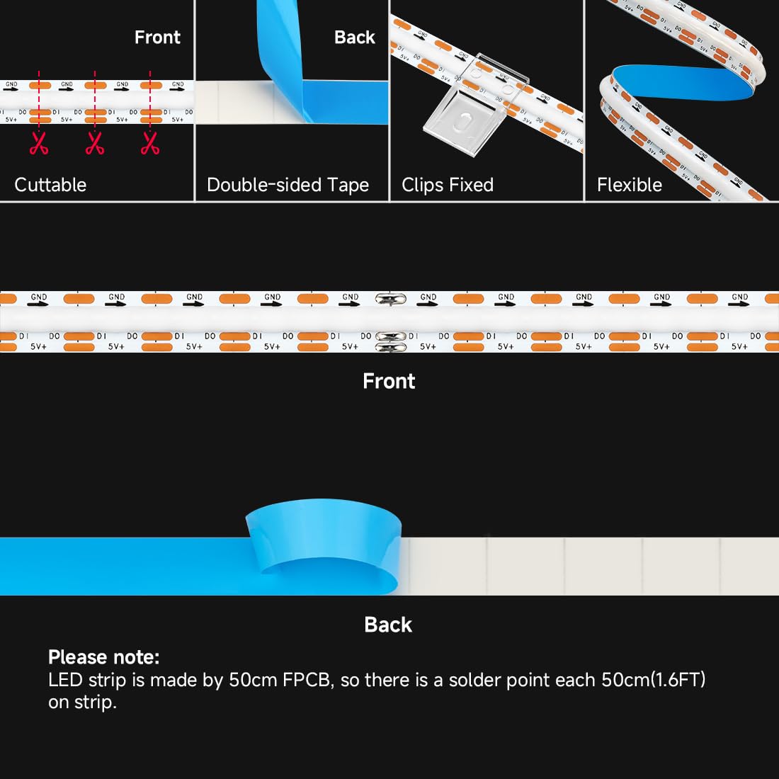 BTF-LIGHTING FCOB COB WS2812B IC RGB LED Strip DC5V 6.5FT Individual Addressable 160Pixel/m 320LEDs 320IC Dream Color IP30 Non-Waterproof High Density Light 0.39in Width(No Adapter or Controller)