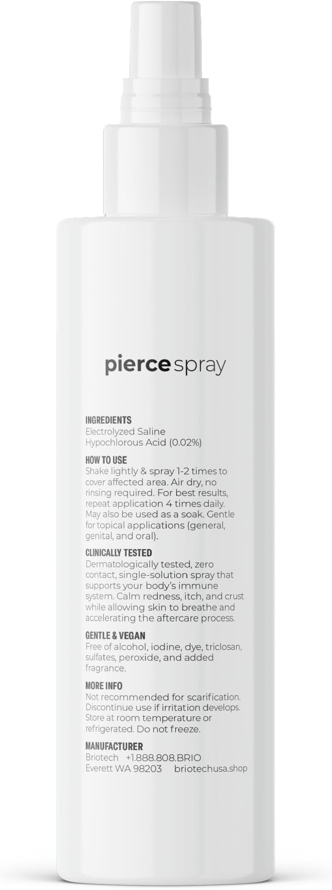 BRIOTECH Pierce Spray, Hypochlorous Acid, Gentle Piercing Aftercare, Calm Redness & Itch, Reduce Bumps, HOCl Saline Spray, Contact Free, No Rinse or Residue, Alcohol Free, 4 fl oz