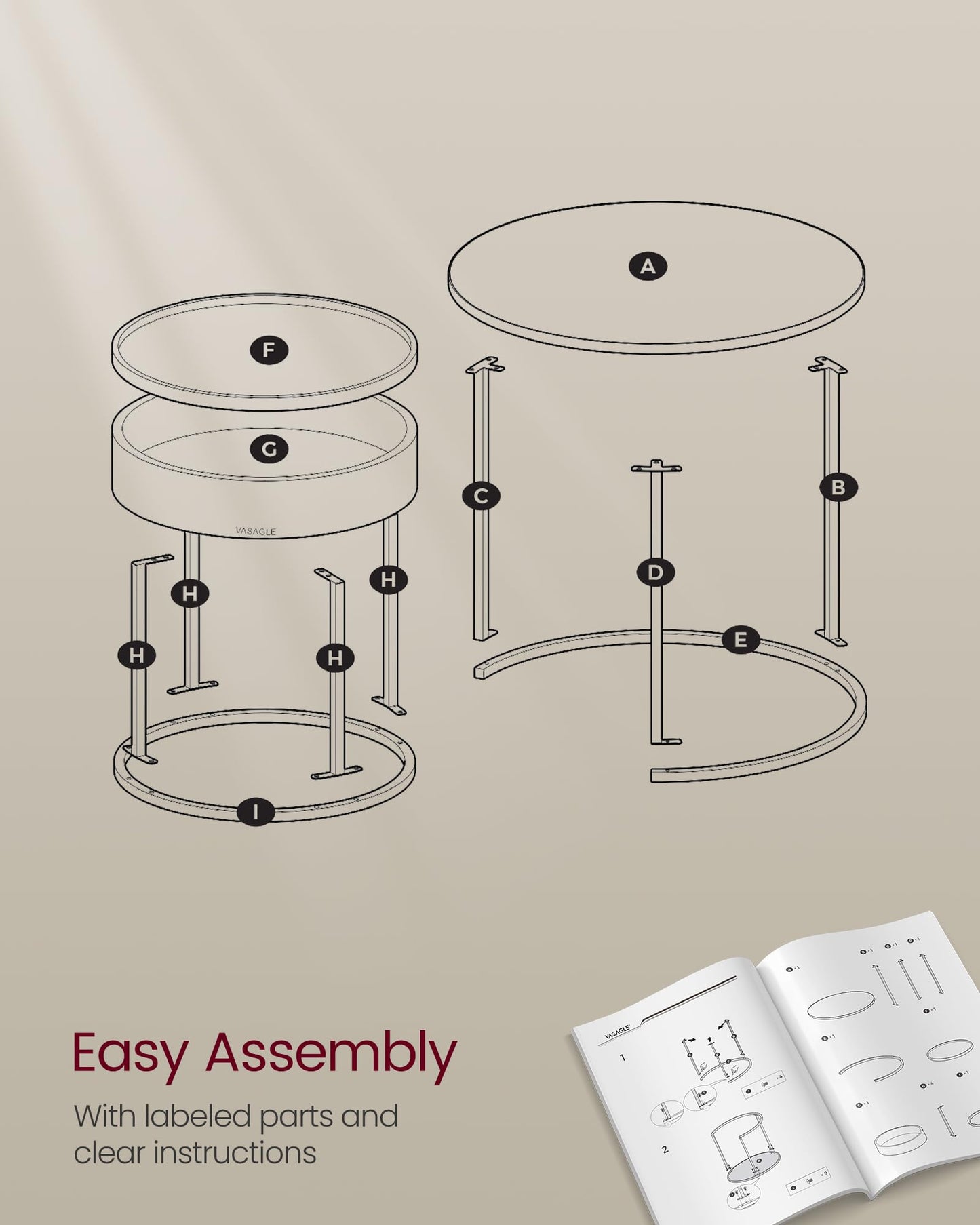 VASAGLE Round Coffee Tables, Set of 2 Nesting Tables, Modern Round Side Tables with Hidden Storage and Top Tray, for Living Room, Bedroom, Office, Rustic Brown and Ink Black ULCT044K01