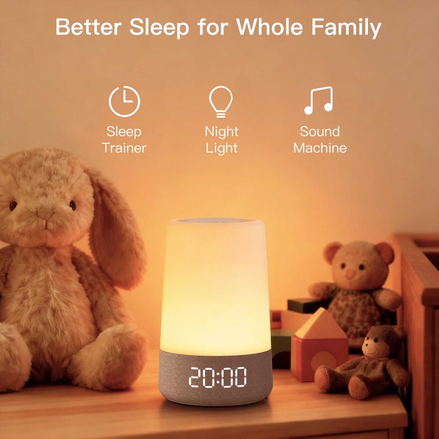 REACHER Sleep Trainer Alarm Clock for Kids, Night Light, White Noise Machine and OK to Wake Clock for Toddlers at Home or Travel, App-Free, Rechargeable