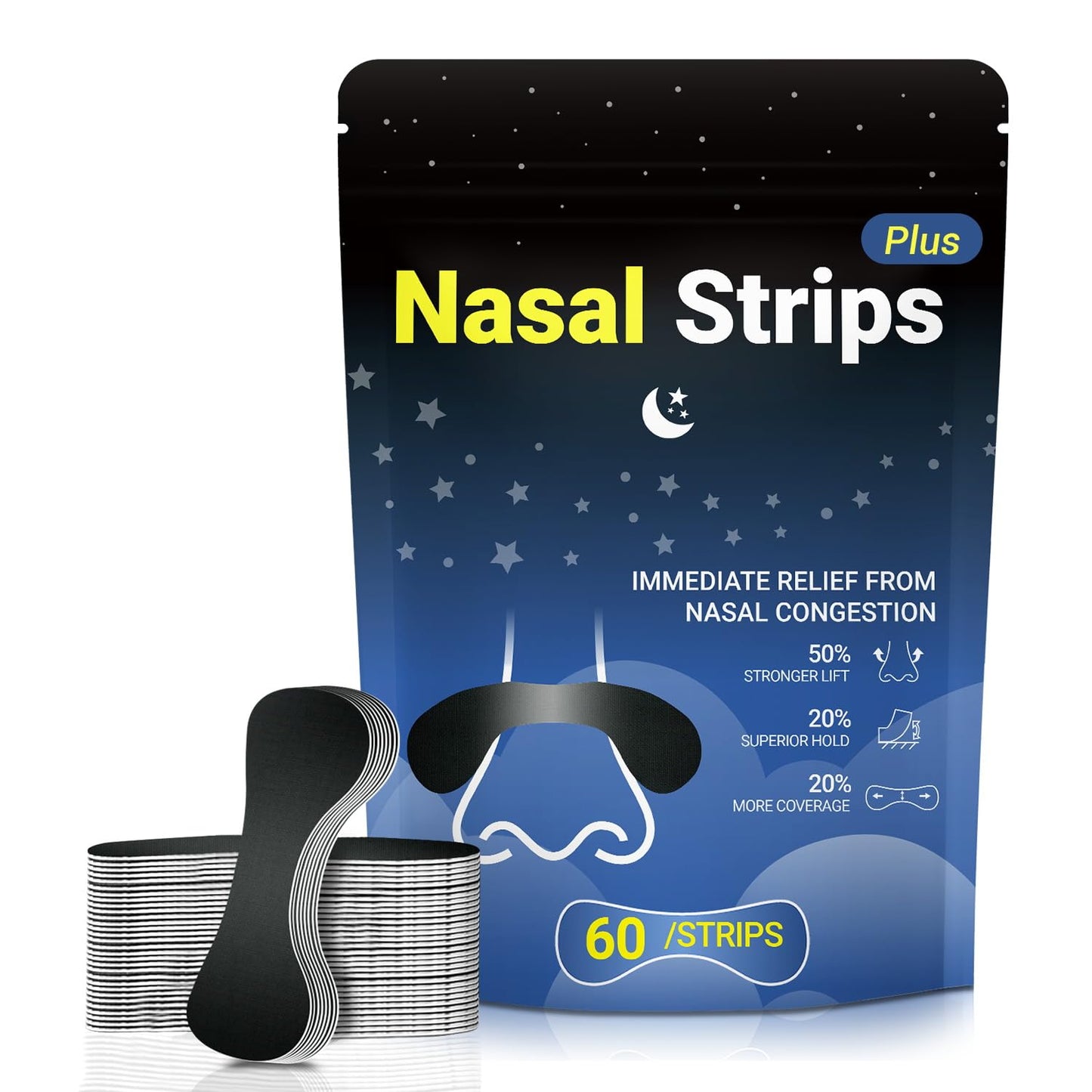 60 Pcs Nasal Strips for Snoring - Extra Strength Nose Strips for Breathing with Strong Adhesion - Sweat Resistant Design for All Day Use - Improvess Sleep and Workout Performance - Black