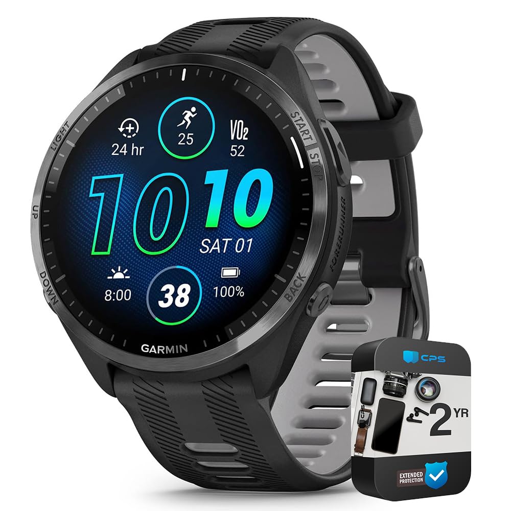 Garmin 010-02809-00 Forerunner 965 Running Smartwatch Black And Powder Gray Bundle With 2 Yr Cps Enhanced Protection Pack