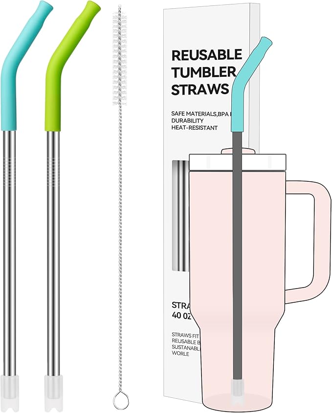 40oz Metal Straws for Stanley 40oz Cup & 64oz Jugs, 2 PCS Extra-Long Stainless Steel Straws with Removable Silicone Tips, Fits Large Tumblers & Oversized Mugs