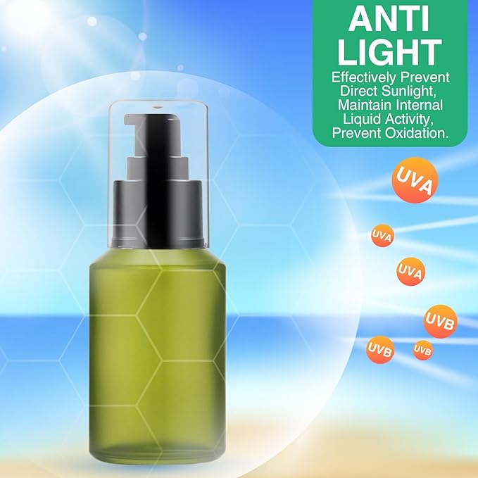 3PCS 60ML/2OZ Empty Green Frosted Glass Bottles with Pump Refillable Vial Cosmetic Dispenser Jars Storage Travel Lotion Container Portable Sample Bottle for Toiletries,Foundation,Cream,Gel,Lotion