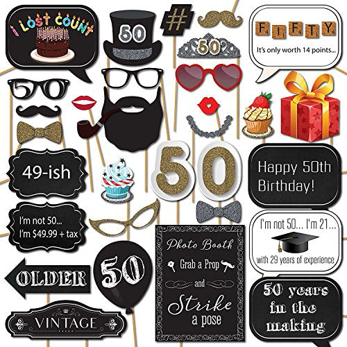50th Birthday Photo Booth Props - 31-pc 50th Birthday Props with 8 x 10-Inch Sign, 45 Adhesive Pads, 35 Sticks - 50th Birt...