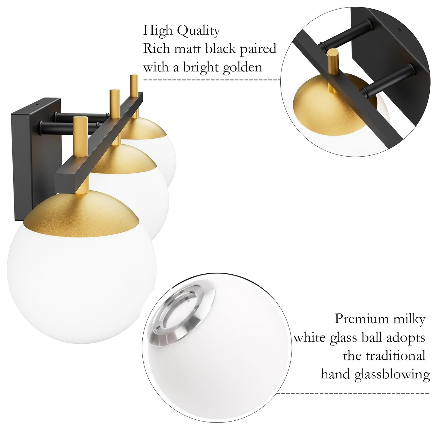Ralbay Mid Century Modern Vanity Lights 3-Light Milky Glass Over Mirror, Black/Golden Wall Light Fixture for Bathroom (Exclude Bulb)