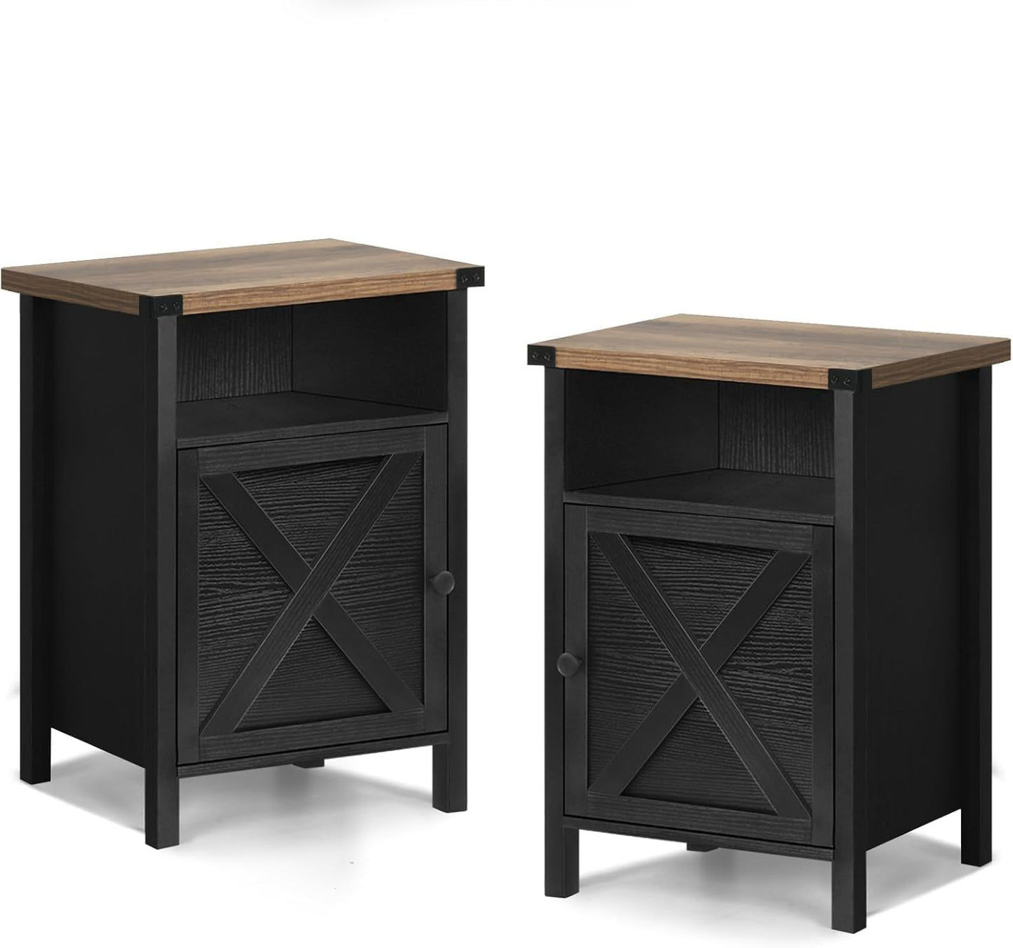 Farmhouse End Table, Nightstand, End Tables with Barn Door and Shelf, Wooden Sofa Side Table, Modern Bed Side Table Rustic Nightstands Set of 2, Bedroom, Living Room, Black