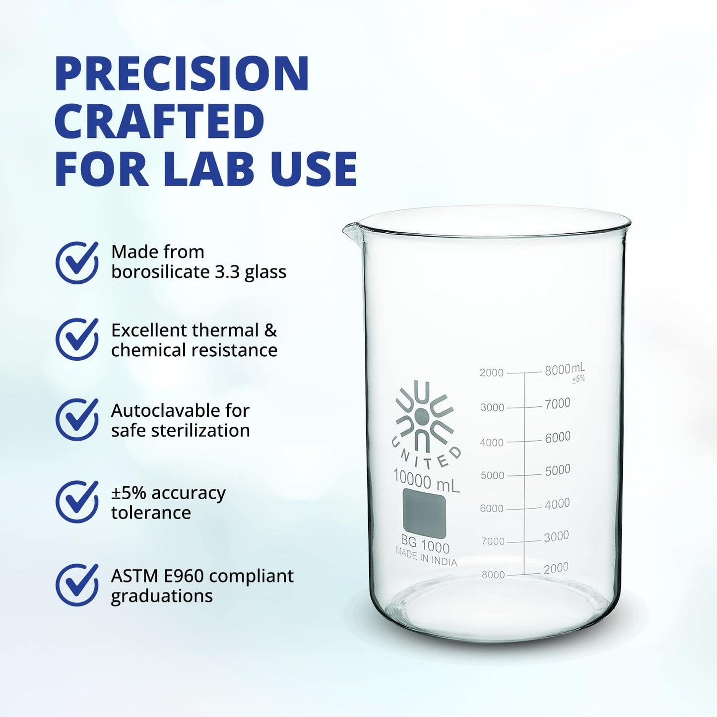 United Scientific™ (1,000mL) 1 Liter Beaker - Low Form Griffin, Double Scale Graduation Chemistry Glassware, 3.3 Borosilicate Glass Beaker with Pour Spout, Beaded Rim and Autoclavable, 1 Each
