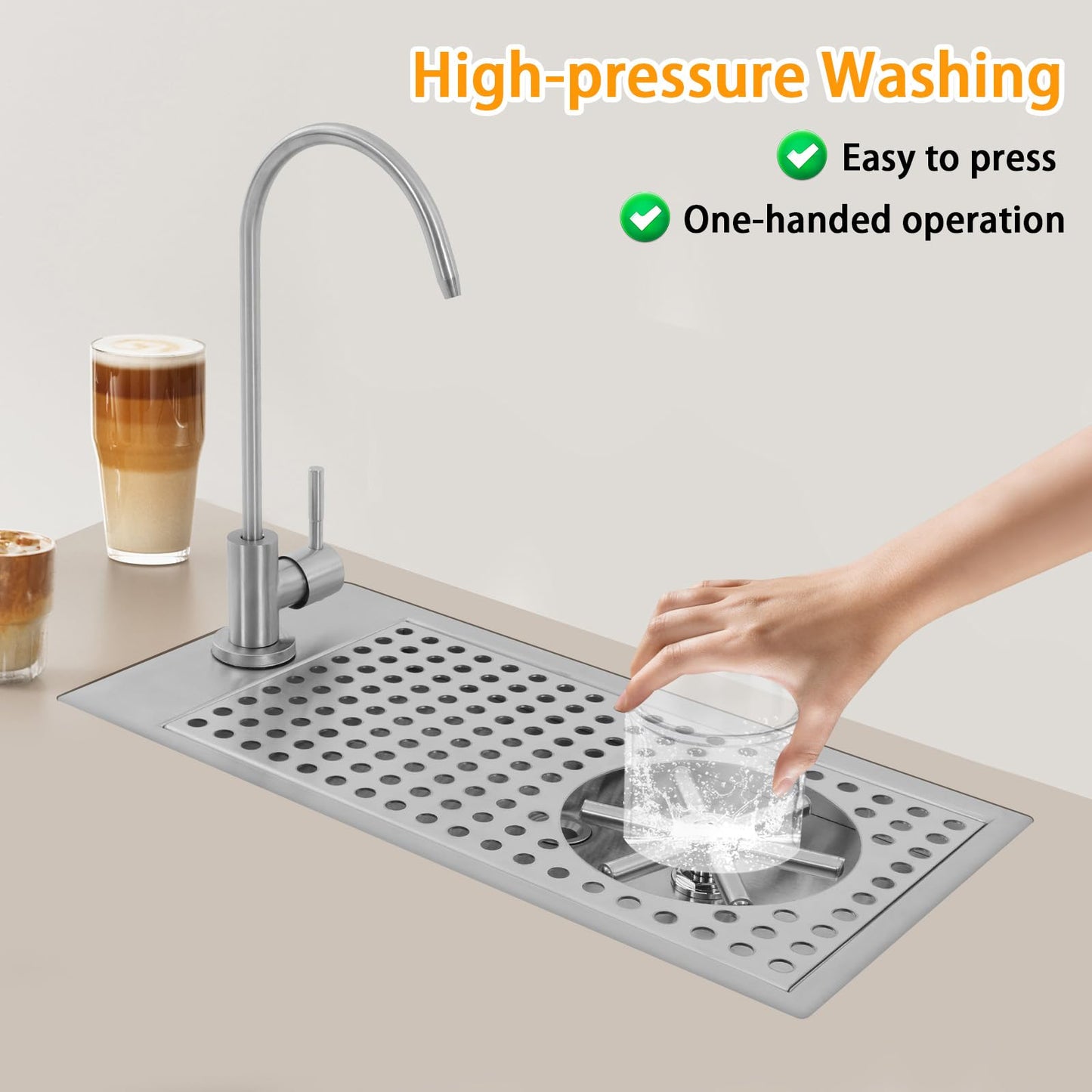 AGULIUM Glass Rinser Cup Washer, Commercial 304 Stainless Steel Pitcher Rinser with Faucet and Multi Angle Cleaning Nozzle for Bar, Cafe, Restaurant, Hotel, Home