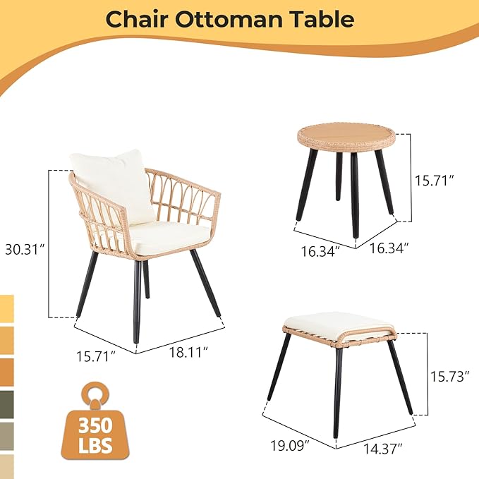 PORWEY 5 Piece Patio Bistro Set with Ottoman, Outdoor Wicker Apartment Balcony Furniture Sets, Rattan Table and Chairs Set of 2 for Porch Backyard Deck, Yellow,Beige