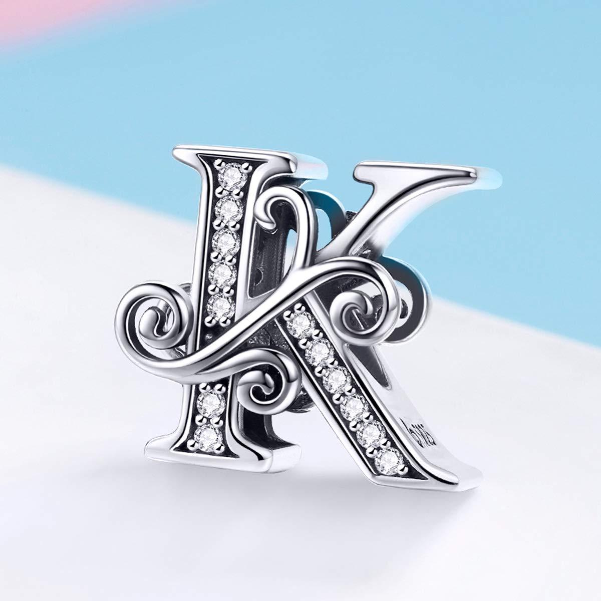 BISAER 925 Sterling Silver Initial Letter K Charms for Bracelets Alphabet Beads Charm Jewelry Gifts