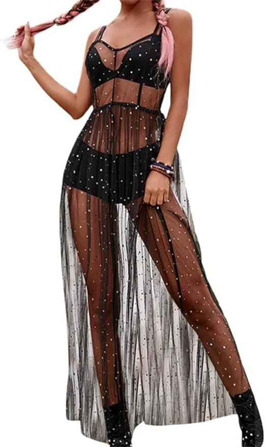 GRAEEN Black See Through Dress Sheer Mesh Rave Outfits Long Dresses for Women