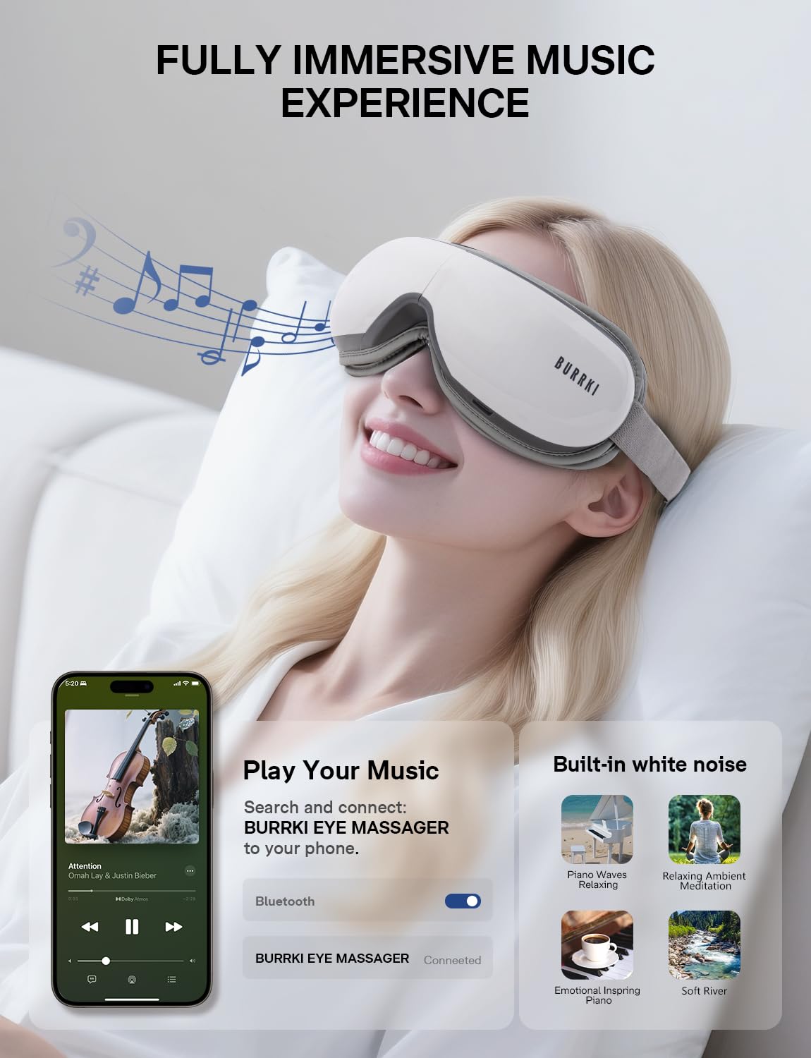Burrki Eye Massager with Heat, Christmas Birthday Gifts for Mom Dad Her Him, Heated Eye Massager for Migraines with Compression and Bluetooth, Reduce Eyes Strain, Dark Circles and Improve Sleep
