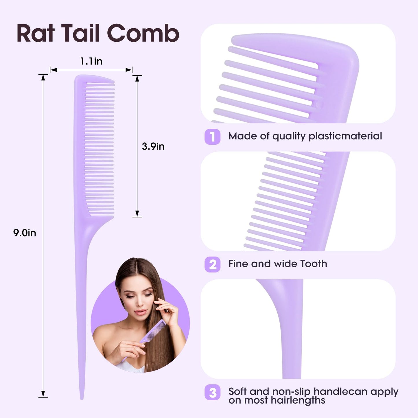 Rat Tail Comb Set-3Pcs Rat Tail Hair Teasing Fine Tooth Combs for Women Girls, Parting &Hair Styling Tools(Black Pink Purple)
