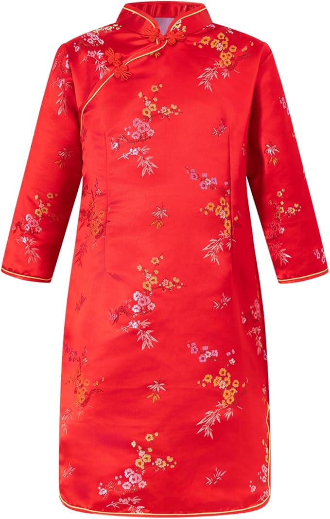Girls Chinese New Year Dress Long Sleeve Cheongsam Tang Suit Traditional Outfit Spring Festival Qipao