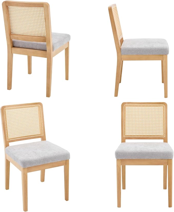 LukeAlon Set of 6 Mid Century Dining Chairs - Farmhouse Kitchen Chairs with Woven Cane Back, Plush Chenille Upholstered Seat, Solid Wood Legs for Dining Room & Breakfast Nook, Grey