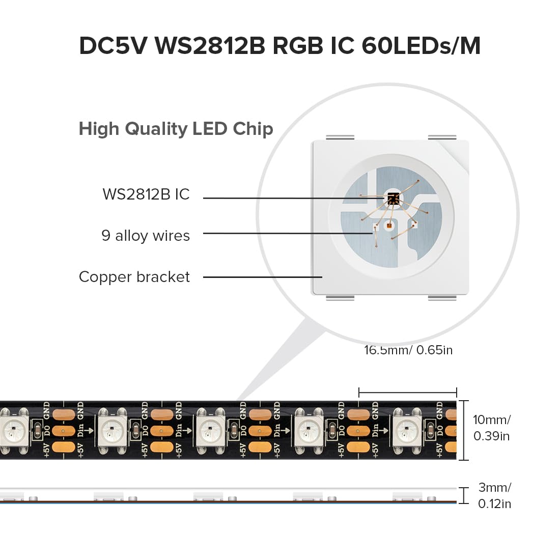SEZO WS2812B ECO LED Strip Light 16.4FT/5M 60Pixels/m 300Pixels Individually Addressable Programmable 5050SMD Digital RGB Alloy Wires Flexible Dream Color IP65 Waterproof PCB Black DC5V