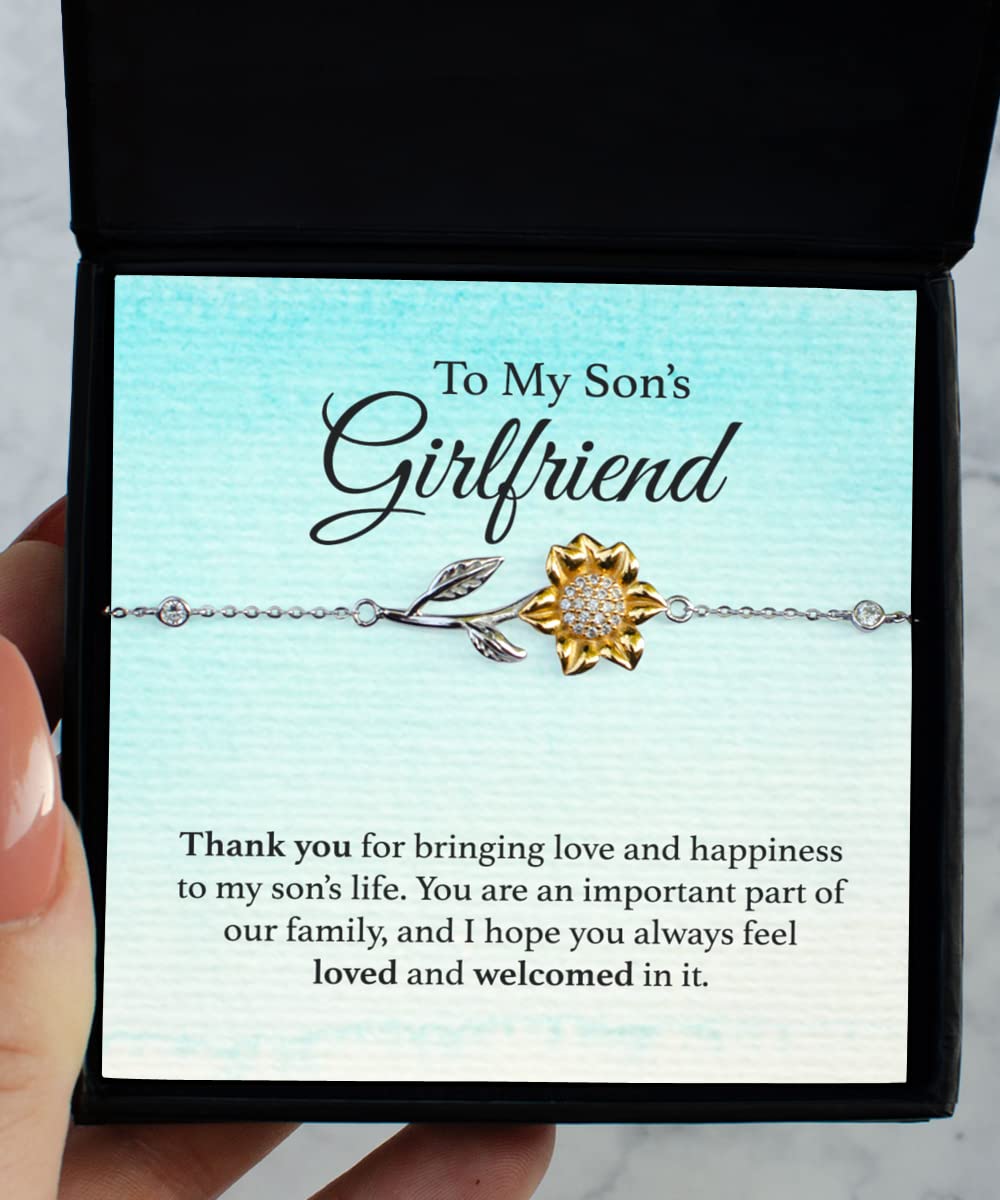 To My Son’s Girlfriend Gift, Sterling Silver and CZ Jeweled Sunflower Bracelet Gift for Son’s Girlfriend