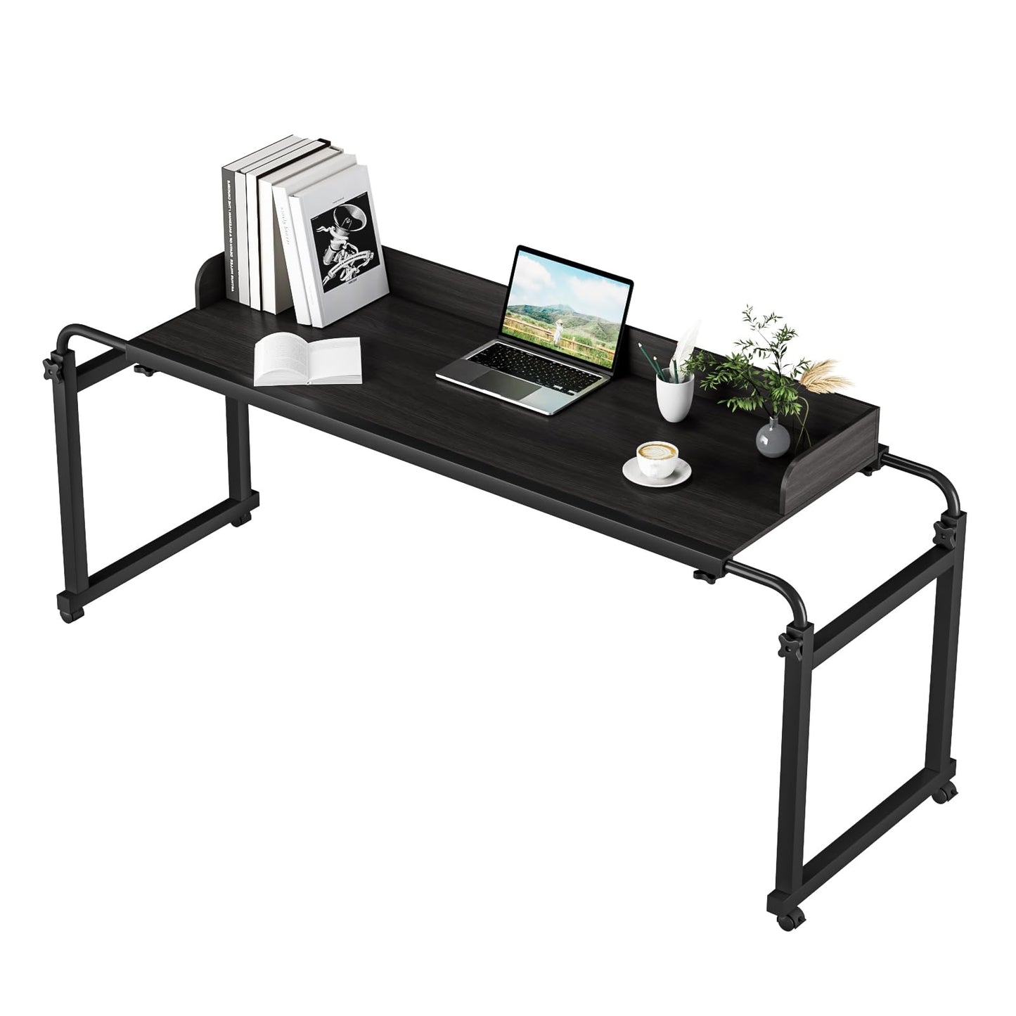 funrautz Adjustable Height Overbed Table, Rolling Overbed Bedside Desk with Raised Baffle and Spacious Desktop, Over BedTable with Wheels for Home Office Bedroom Hospital Use (Matte Black)