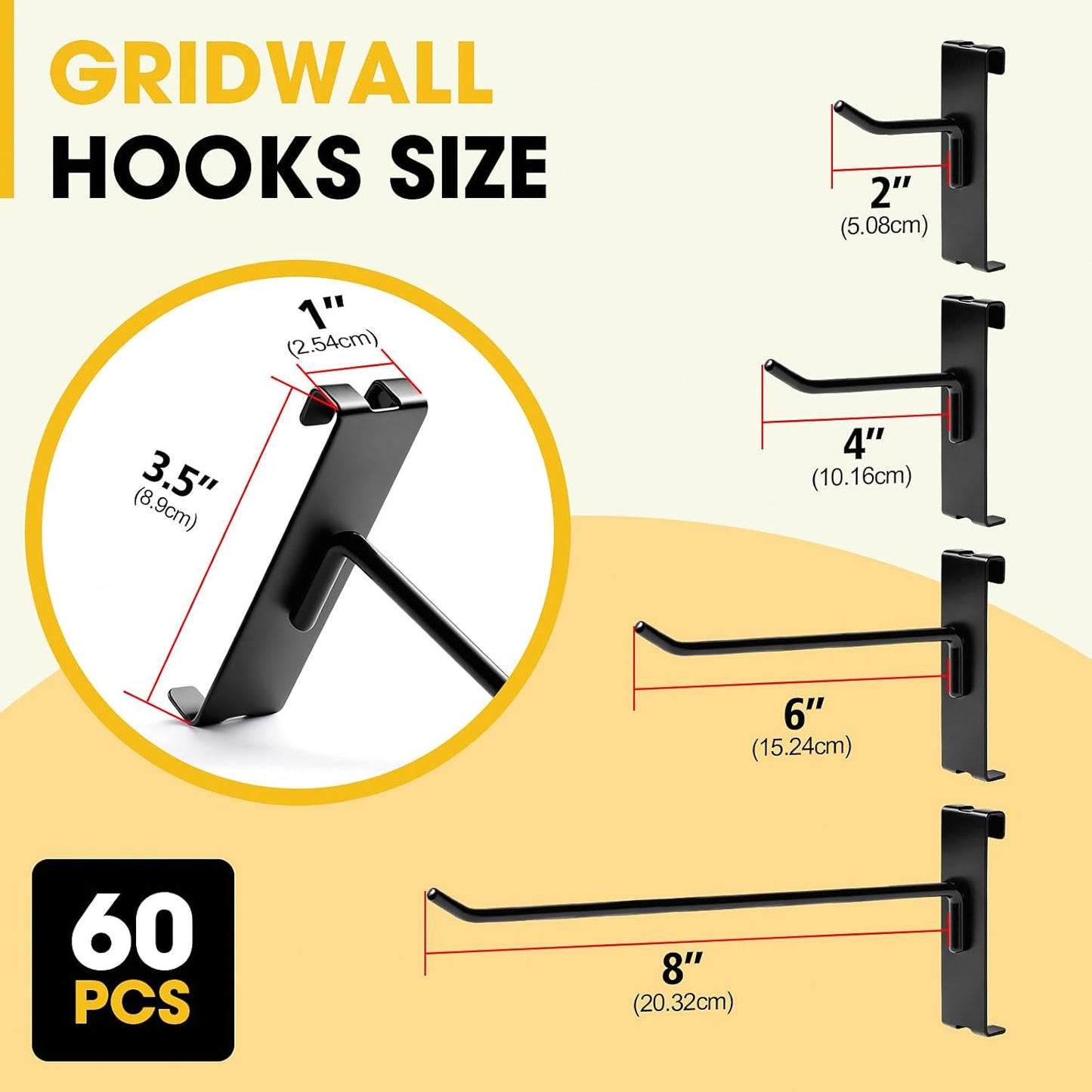 Gridwall Hooks 2 Inch, 4 Inch, 6 Inch, 60 Pack Heavy Duty Display Hook for Wire Grid Wall Panel, Grid Wall Accessories for Retail, Craft Shows, Home Setup and Customized Display, Black