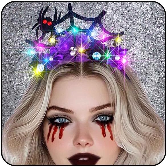 Uranian Light Up Halloween Headband LED Spider Web Headwear Spider Hairband Glowing Flower Party Hair Accessories for Women