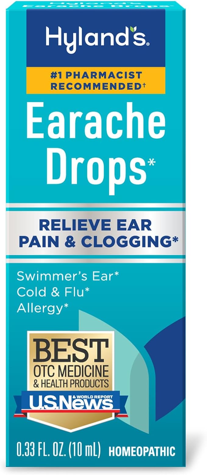 Hyland's Earache Drops, Natural Relief of Swimmer's Ear, Cold and Flu, Allergy Symptoms, Ages 4 and up, Day and Night, 0.3...