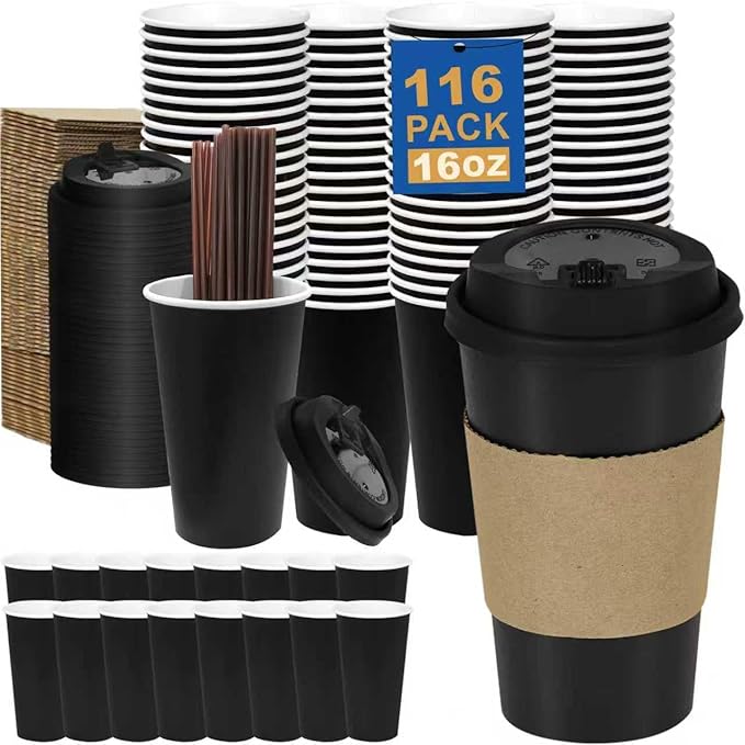 16 oz Coffee Cups + 16 Extra Cups Bulk Disposable To-Go Paper Cups with Lids and Sleeves for Hot Beverage, Chocolate, Coco...