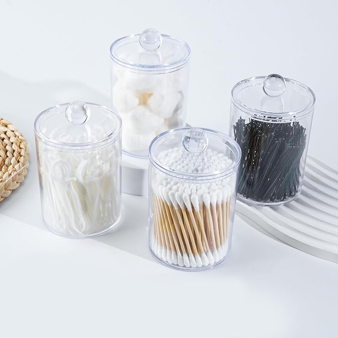 4 Pack Qtip Holder,Canister Apothecary Jar Set, Bathroom Jars with Lids Set for Cotton Swabs, Balls, Pads, Floss Picks,10oz-12oz Plastic Canisters Restroom Bedroom Vanity Organizer
