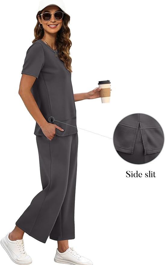 XIEERDUO Women's Side Slit Lounge Sets 2026 Fashion 2 Piece Travel Outfits Cozy Loungewear Wide Leg Tracksuits S-3XL