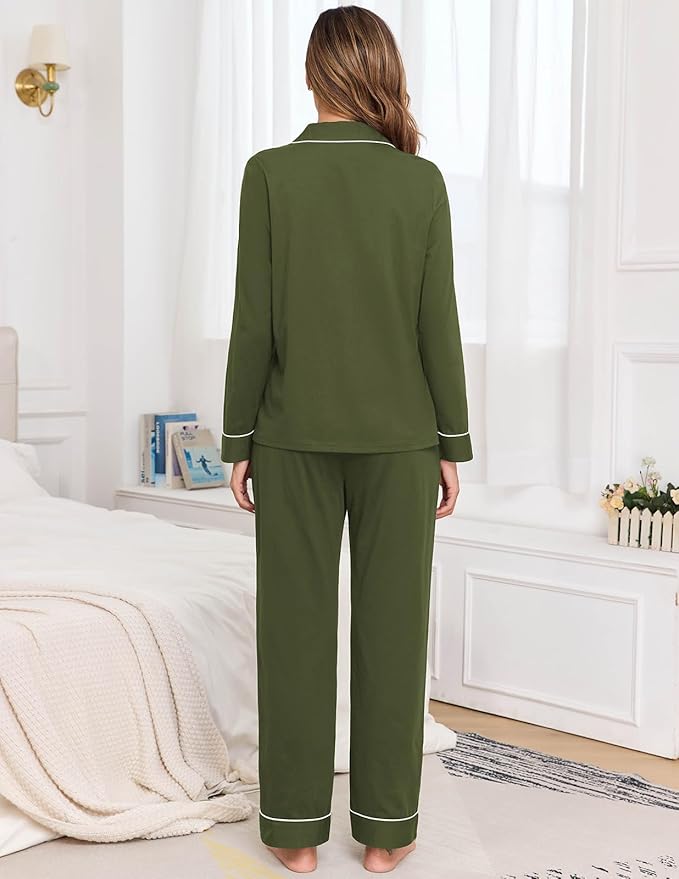Veseacky 100% Cotton Pajamas for Women Set Long Sleeve Button Down Sleepwear Soft Pjs Lounge Sets with Pockets XS-XXL